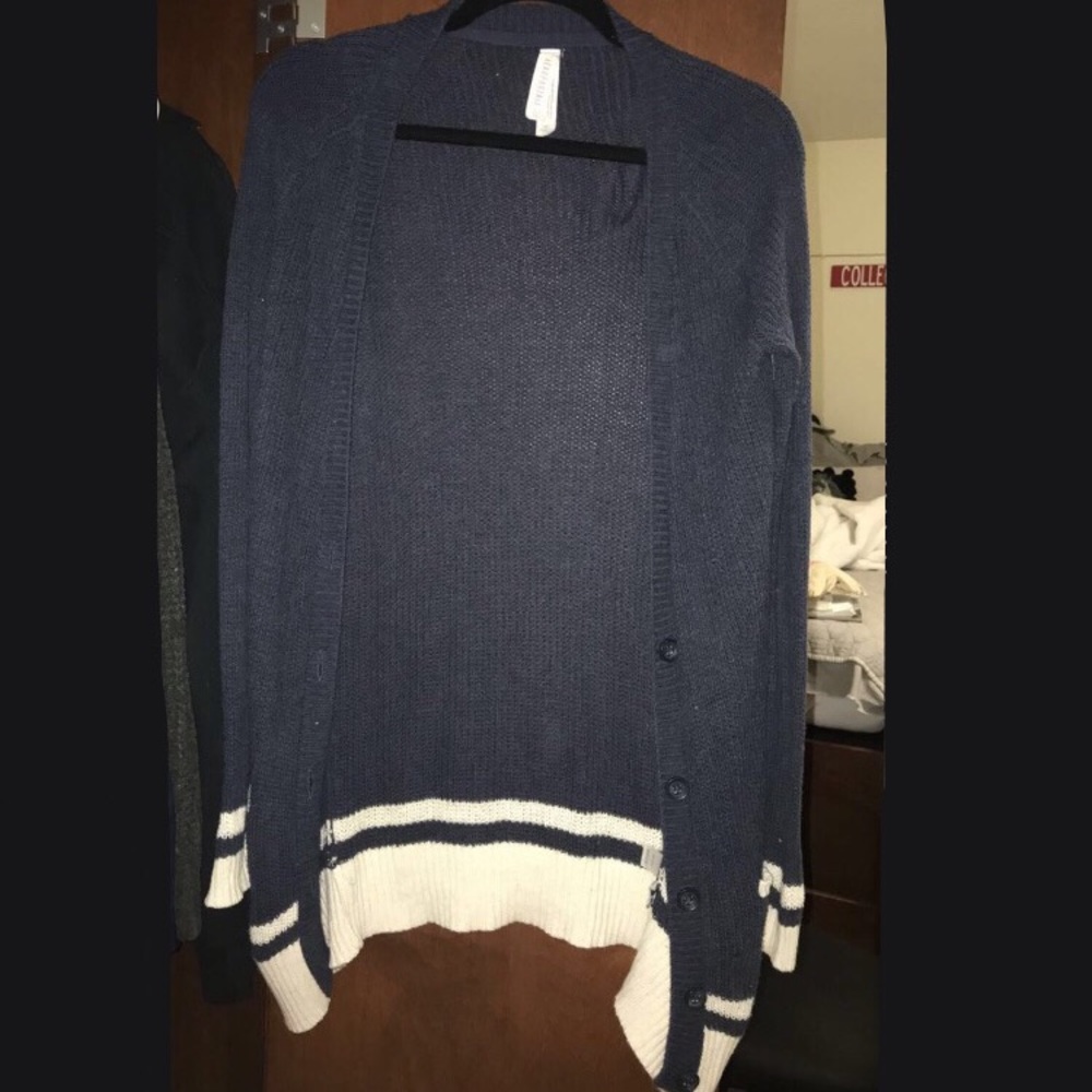 blue with cream striped cardigan.
